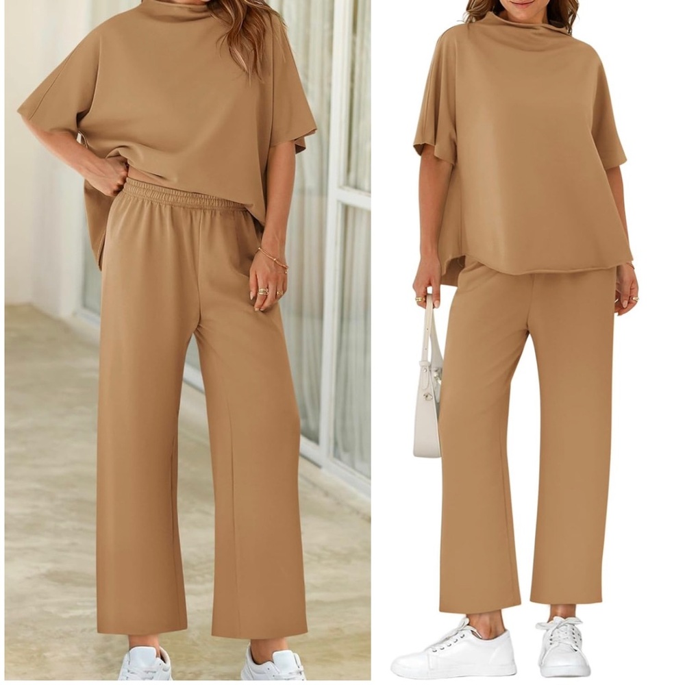 Women's 2 Piece Travel Outfit Pullover Top Wide Leg Pants Lounge Set